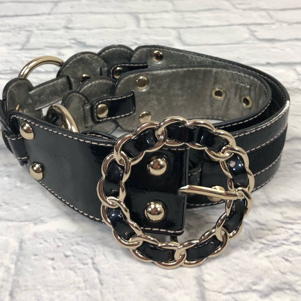 KATHY Van Zeeland statement Belt Black Gold Size Medium Shiny Adjustable